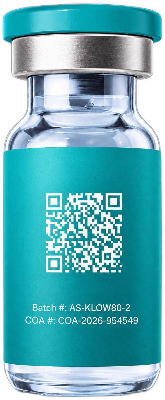 Back of Thrive Bio Labs KLOW vial with QR code, batch and COA number